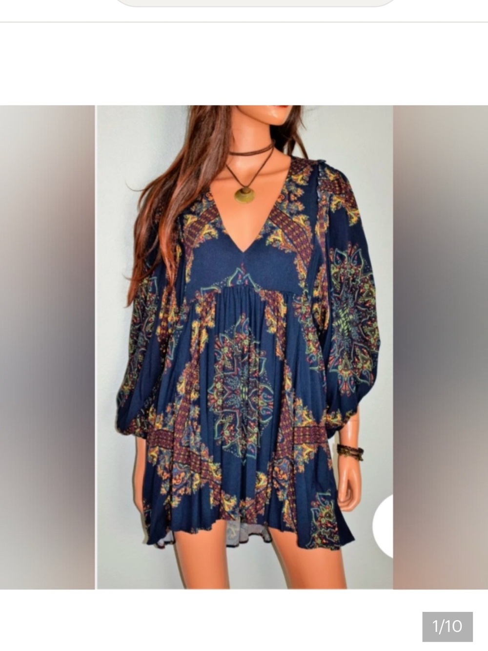 Free People Boho V-Neck Navy Floral Print Babydoll Dress